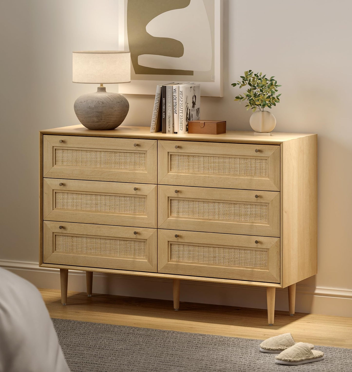 EYYTHUNG Rattan 6 Drawer Dresser, Modern Closet Dressers of Drawers with Natural Rattan, Boho Dresser Chest, TV Stand of Drawers, Wood Storage Drawer Organizer for Bedroom Living Room Entryway Hallway