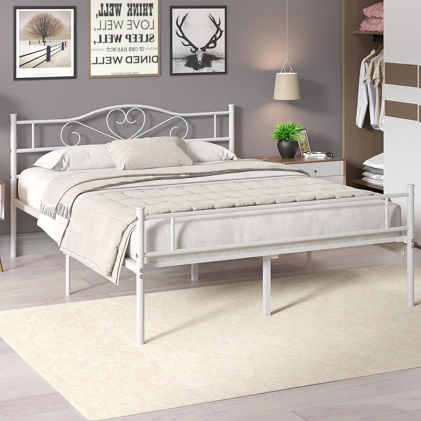 VECELO Full Size Metal Platform Bed Frame with Headboard and Footboard, Heavy Duty Mattress Foundation with Steel Slats Support, No Box Spring Needed, White