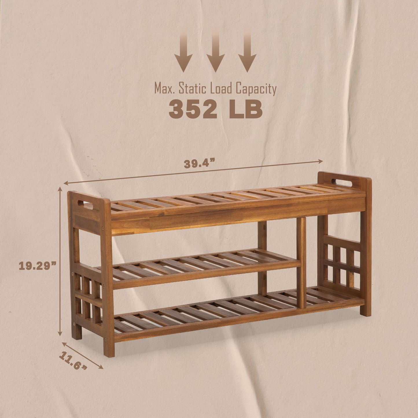 VICTORY RELAX Wooden Shoe Storage with Bench Seat - Natural Acacia Wood Entryway Organizer with Cushioned Top & Easy-Move Handles - Multi-Level Shoe Shelf (39.4 x 11.6X 19.29)