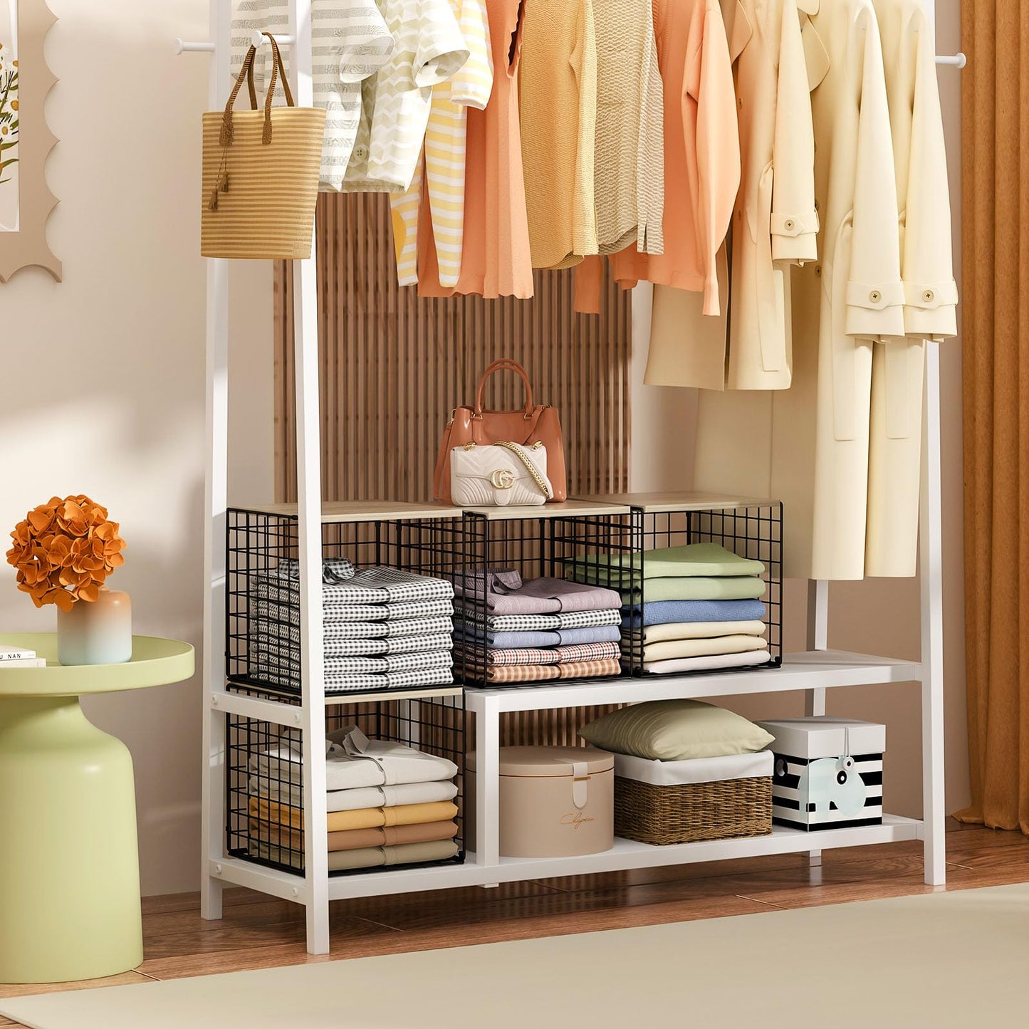 3PCS Stackable Closet Organizers and Storage, Shelves with Wood Top Extra Storage, Clothes Organizer Basket, Bin, or Tube for Wardrobe and Home Organization (Black-Sturdy Metal) Patent Pending