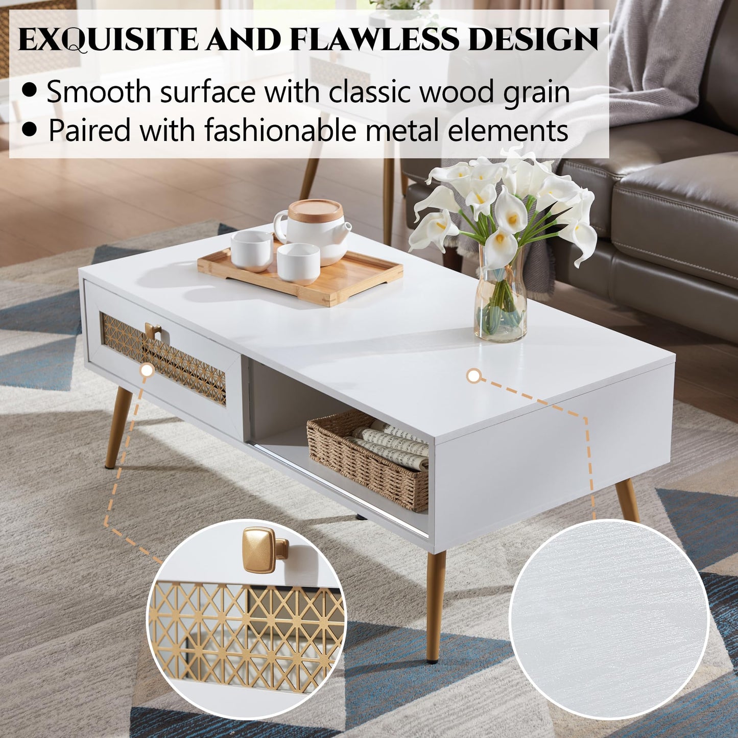 Wooden Mid Century Modern Coffee Table, Retangle Coffee Table with Sliding Door for Living Room, White