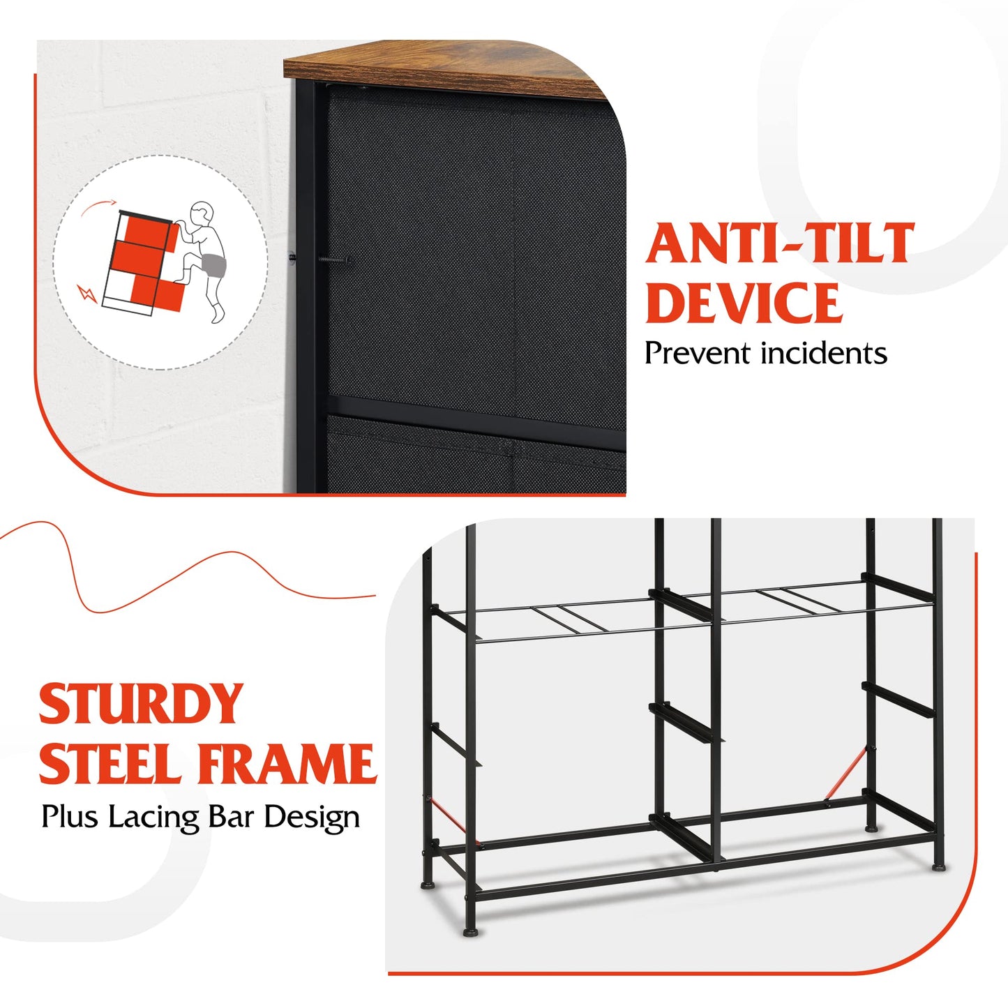 WLIVE Dresser for Bedroom with 8 Drawers, Wide Fabric Dresser for Storage and Organization, Bedroom Dressers, Chest of Drawers for Living Room, Closet, Entryway, Rustic Brown Wood Grain Print