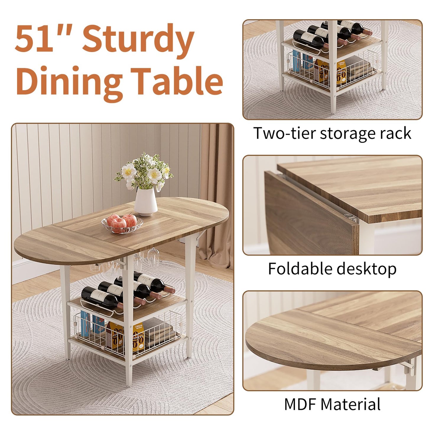 VFK 3 Piece Dining Table Set, 51 Inch Modern Kitchen Folding Breakfast Table with Right Seat Storage Corner Stools and Dining Chairs for Home Dining Room Furniture
