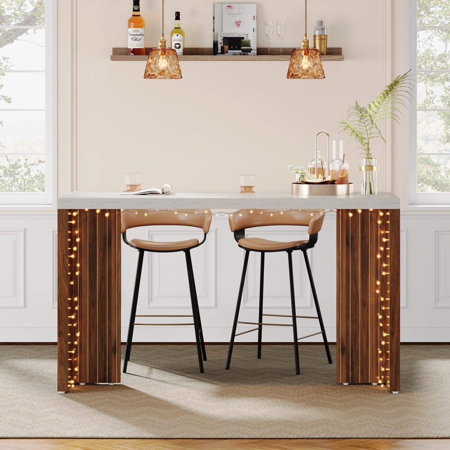 Tribesigns Home Bar Unit, 55.12-Inch Bar Table with a Faux Marble Finished Tabletop, Modern Freestanding Mini Bar for Home Kitchen, Living Room, Balcony, Basement, Walnut & White