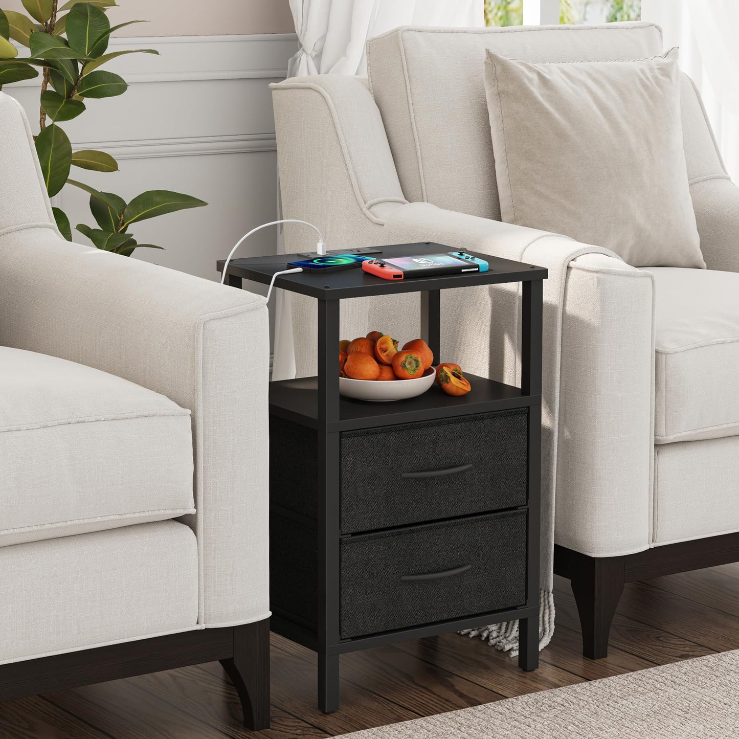 TUTOTAK End Table with Charging Station, Side Table with 2 USB Ports and Outlets, Nightstand with Cloth Drawer, Set of 2, Couch Table, Black TB01BK067