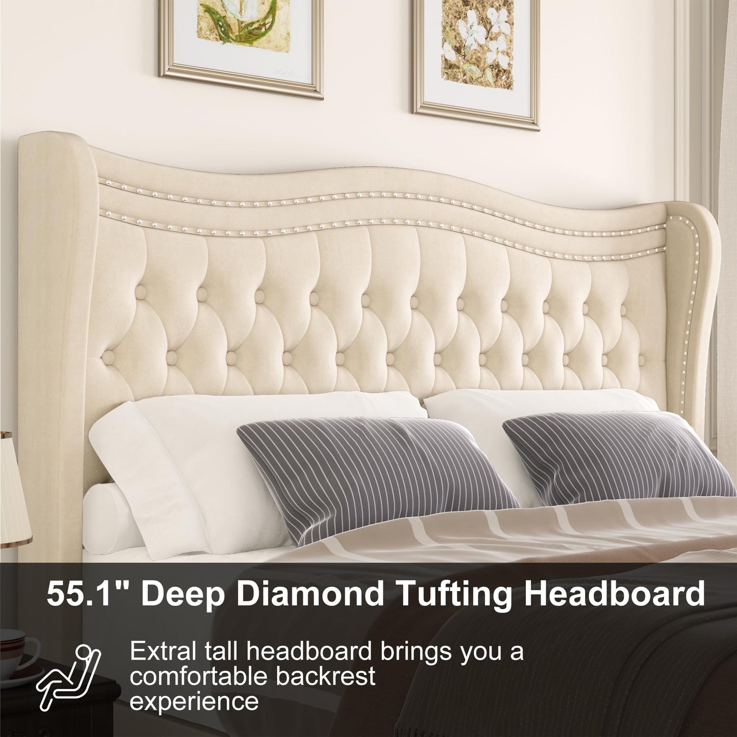 VINTLJUS Queen Bed Frame with Tall Headboard & Footboard, Velvet Upholstered Platform Bed Frame with Deep Button Tufted Wingback, No Box Spring Needed, Noise Free, Beige