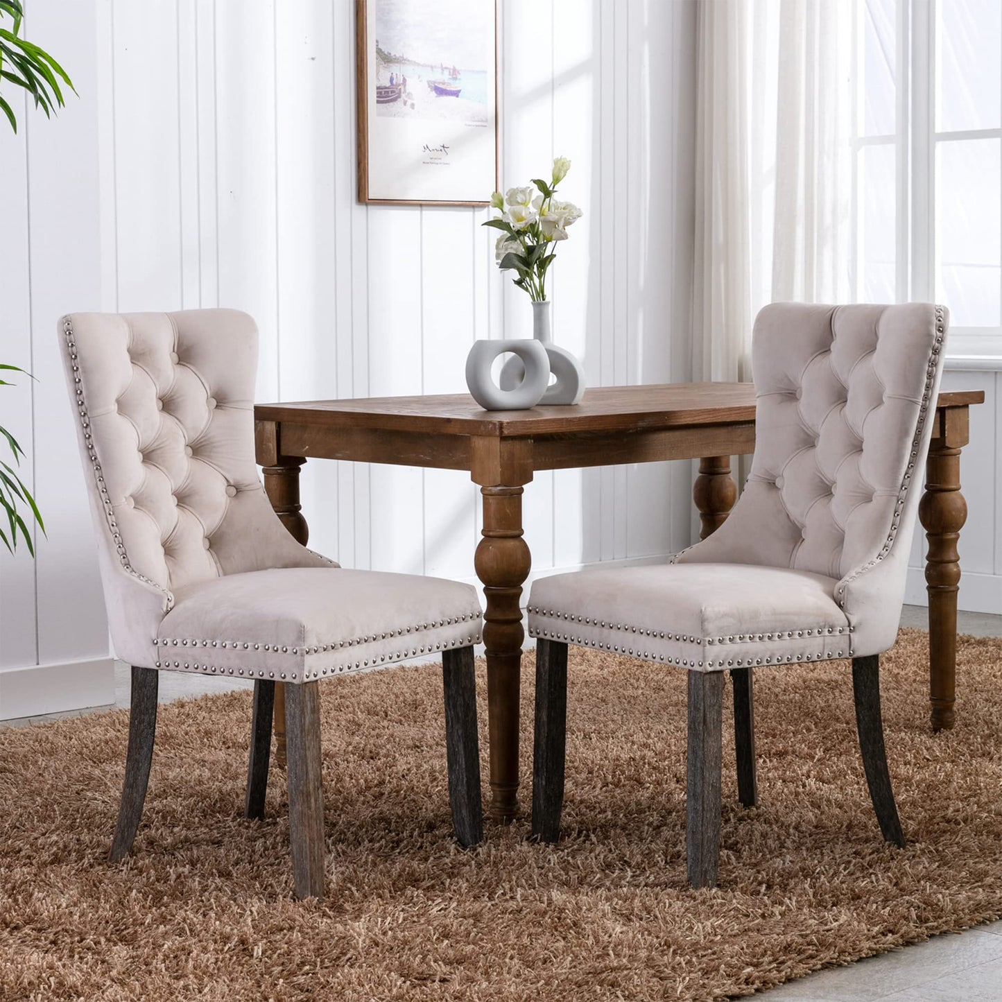 Virabit Tufted Dining Chairs Set of 6, Velvet Upholstered Dining Chairs with Nailhead Back and Ring Pull Trim, Solid Wood Dining Chairs for Kitchen/Bedroom/Dining Room (Beige)