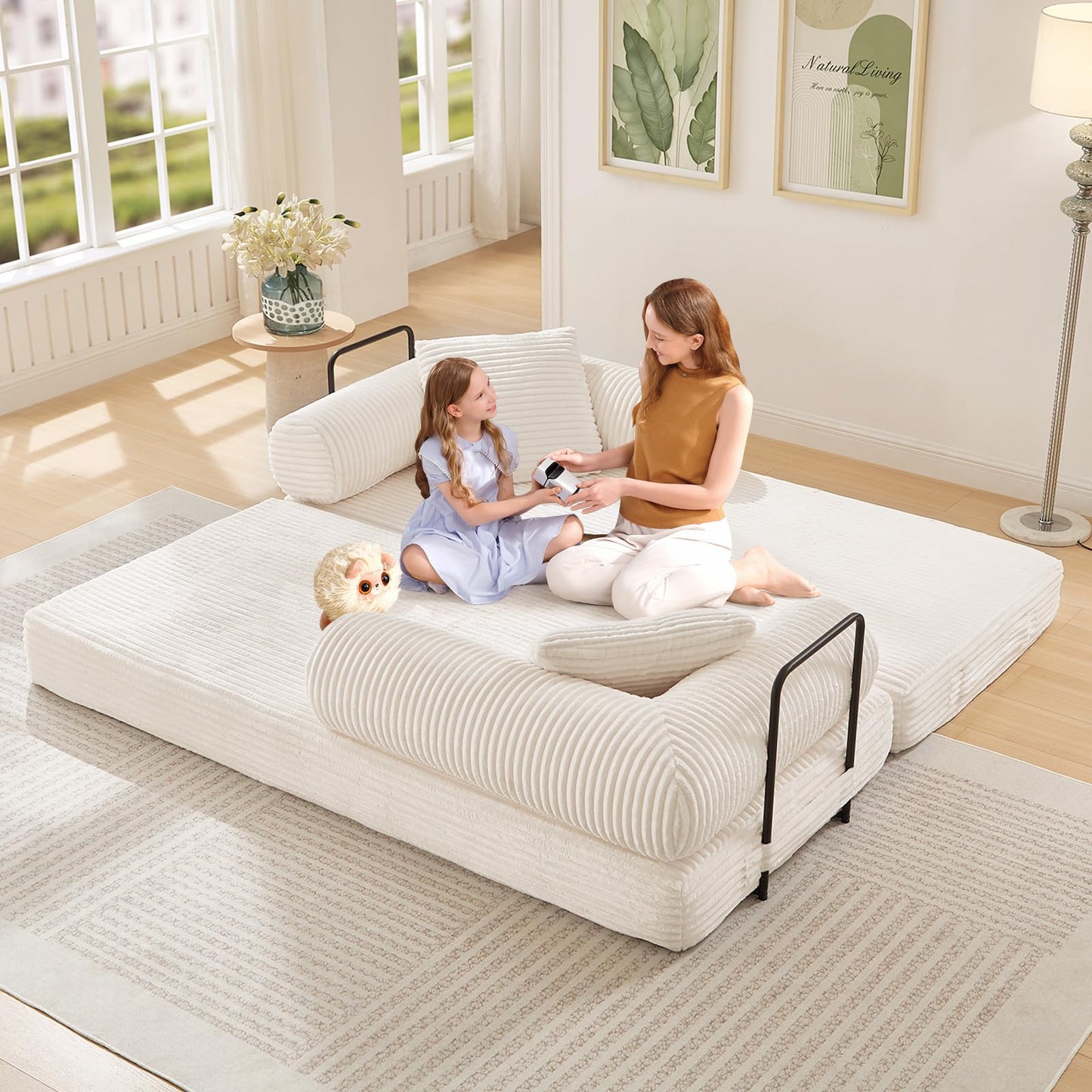 78.5"W Convertible Folding Sofa Bed, Corduroy Upholstered Queen Size Foam Floor Couch with Fixed-Shaped Frame, Loveseat Sleeper Compression Sofa Foldable Mattress for Living Room, Bedroom(Beige)