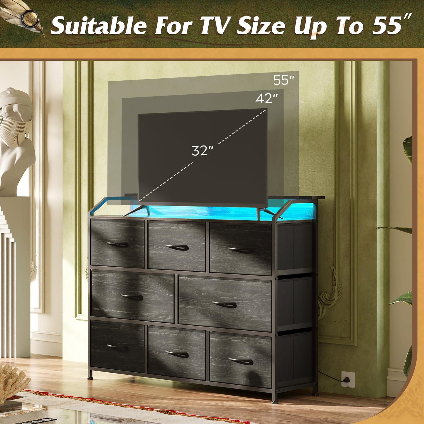 WLIVE Led Dresser for Bedroom, TV Stand for Bedroom with LED Lights and Power Outlet, Wide Chest of Drawers for Hallway, 8 Fabric Drawers for Living Room and Entryway, Charcoal Black Wood Grain Print