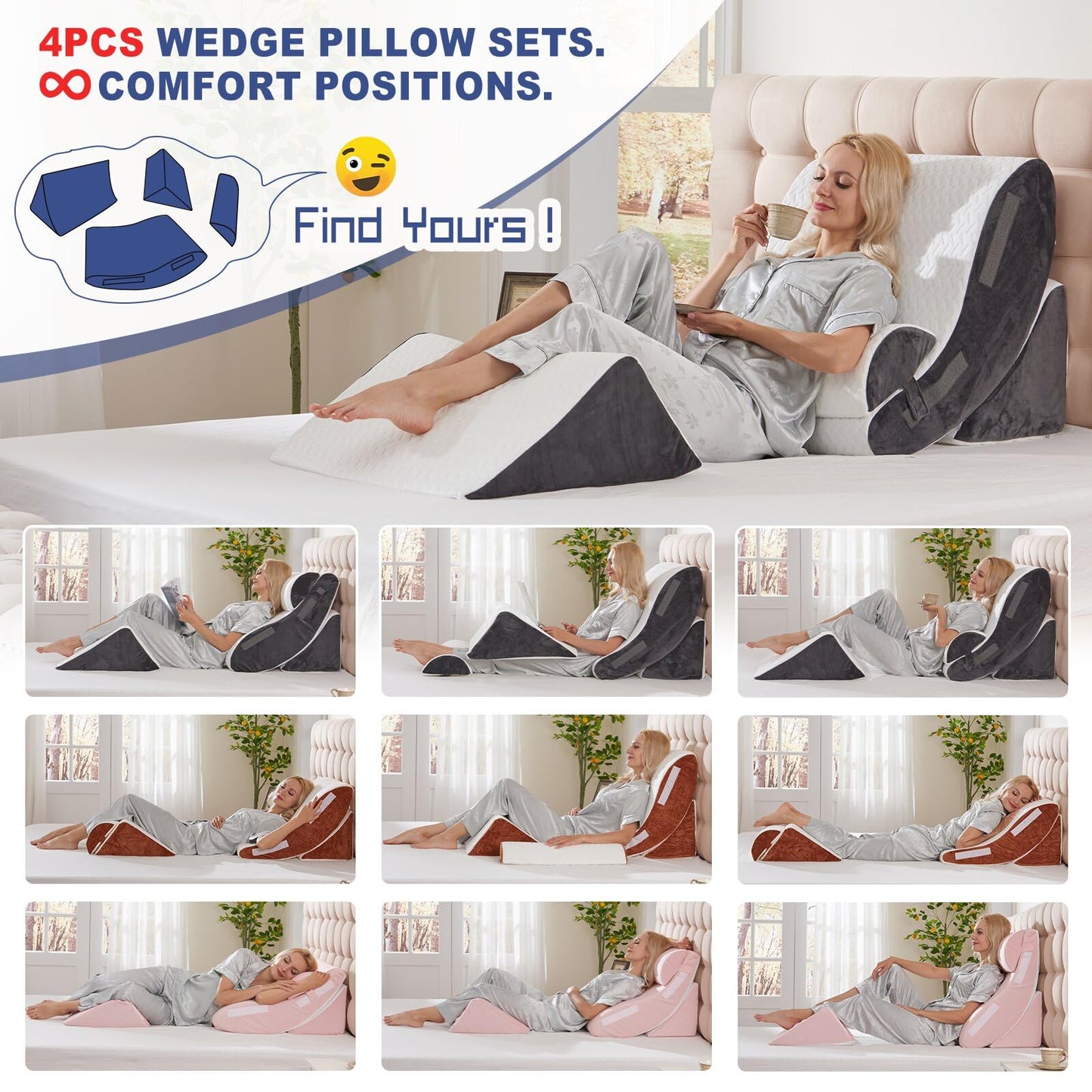 4PCS Orthopedic Bed Wedge Pillow Set for Sleeping, Post Surgery Foam Support Pillows for Back, Neck and Leg Pain Relief, Adjustable Triangle Pillow – Acid Reflux, GERD & Snoring Recovery, White Grey