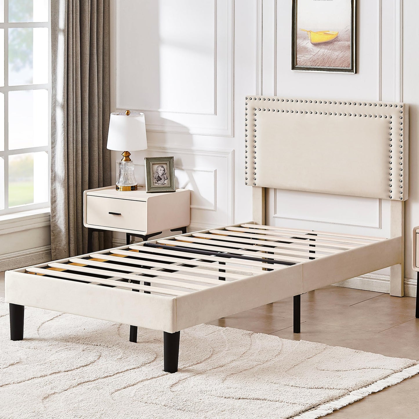 VECELO Twin Size Platform Bed Frame with Adjustable Upholstered Headboard, Nailhead Decor, Strong Wood Slat Support, No Box Spring Needed, Easy Assembly