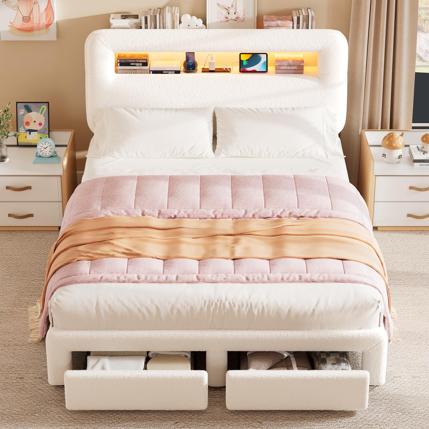 VINTLJUS Full LED Bed Frame with Storage Headboard & Charging Station, Kids Bed Frames with Bookcase, Teddy Fleece Upholstered Platform Bed Frames with 2 Storage Drawers, Noise Freed, Beige