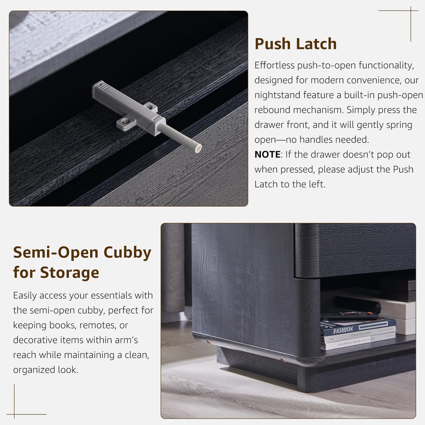 ACCOHOHO Nightstand with Charging Station, 22" Push-to-Open Bedside Table with 2 Storage Drawers, Large Modern End Table for Bedroom,Black