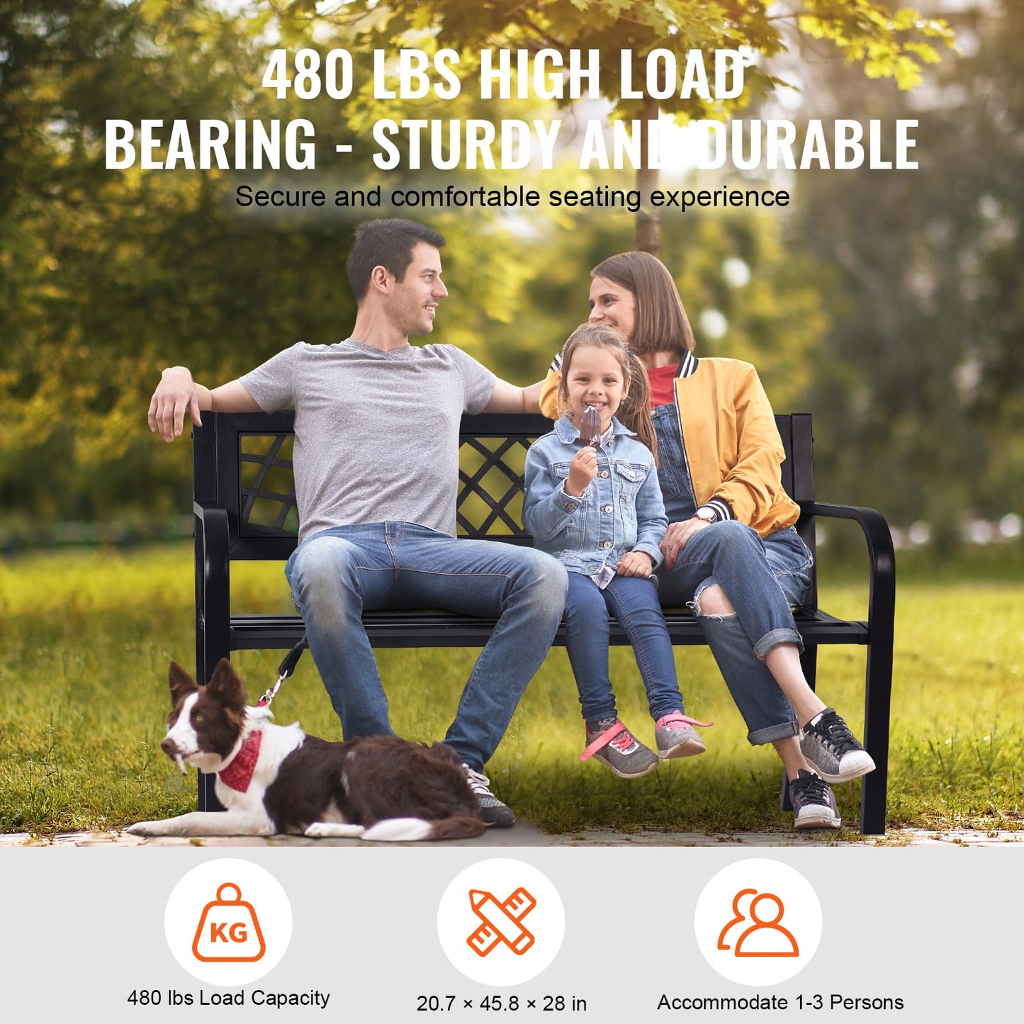 VEVOR Outdoor Bench, 46" Iron Steel Frame Garden Park Bench with Mesh Pattern and Plastic Backrest Armrests, Patio Bench for Garden, Park, Yard, Front Porch