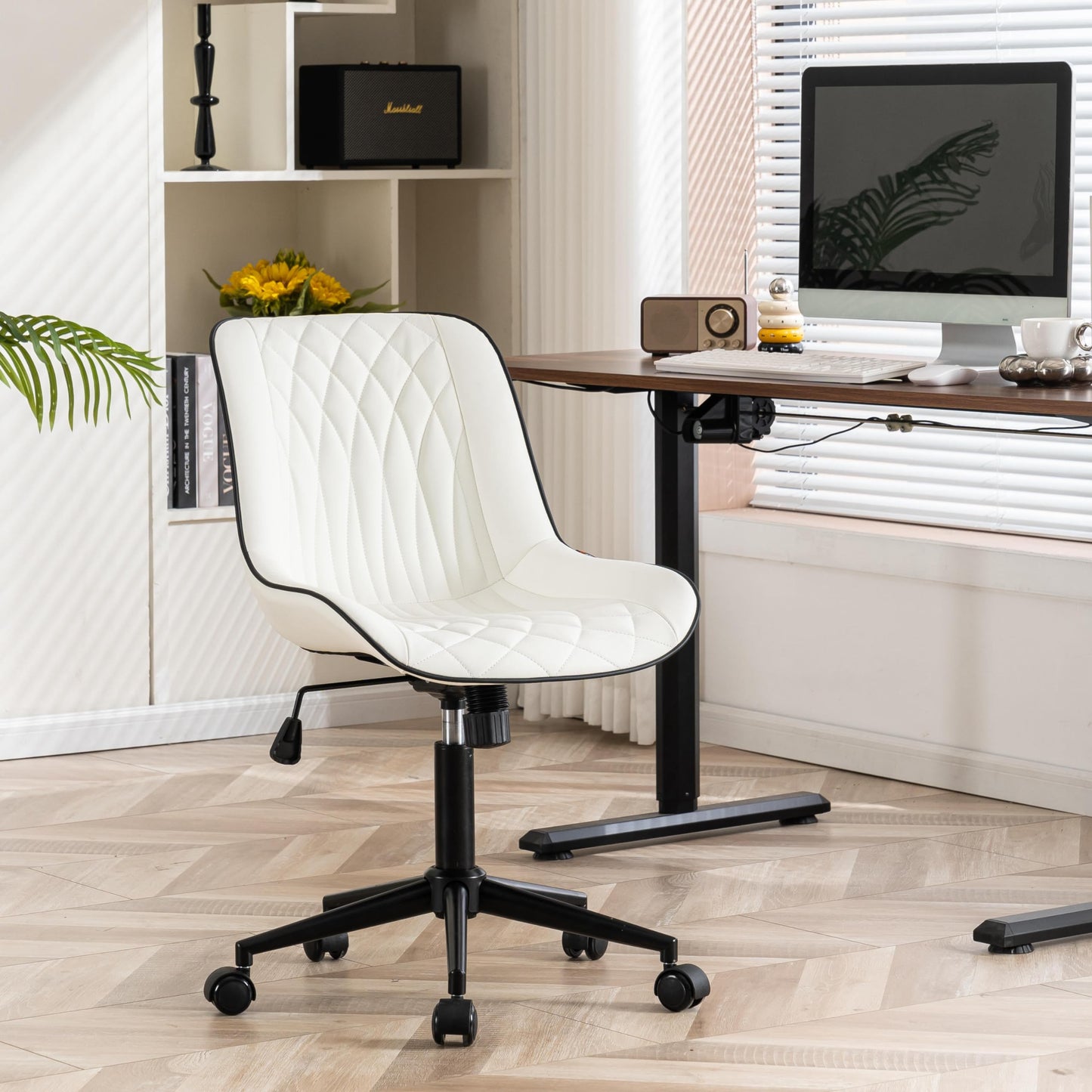 YOUNIKE White Ergonomic Home Office Desk Chair No Arms Comfy Small Criss Cross Chair with Wheels Swivel Adjustable Modern Vanity Chair with Back Armless Cute Leather Upholstered Rolling Task Chair