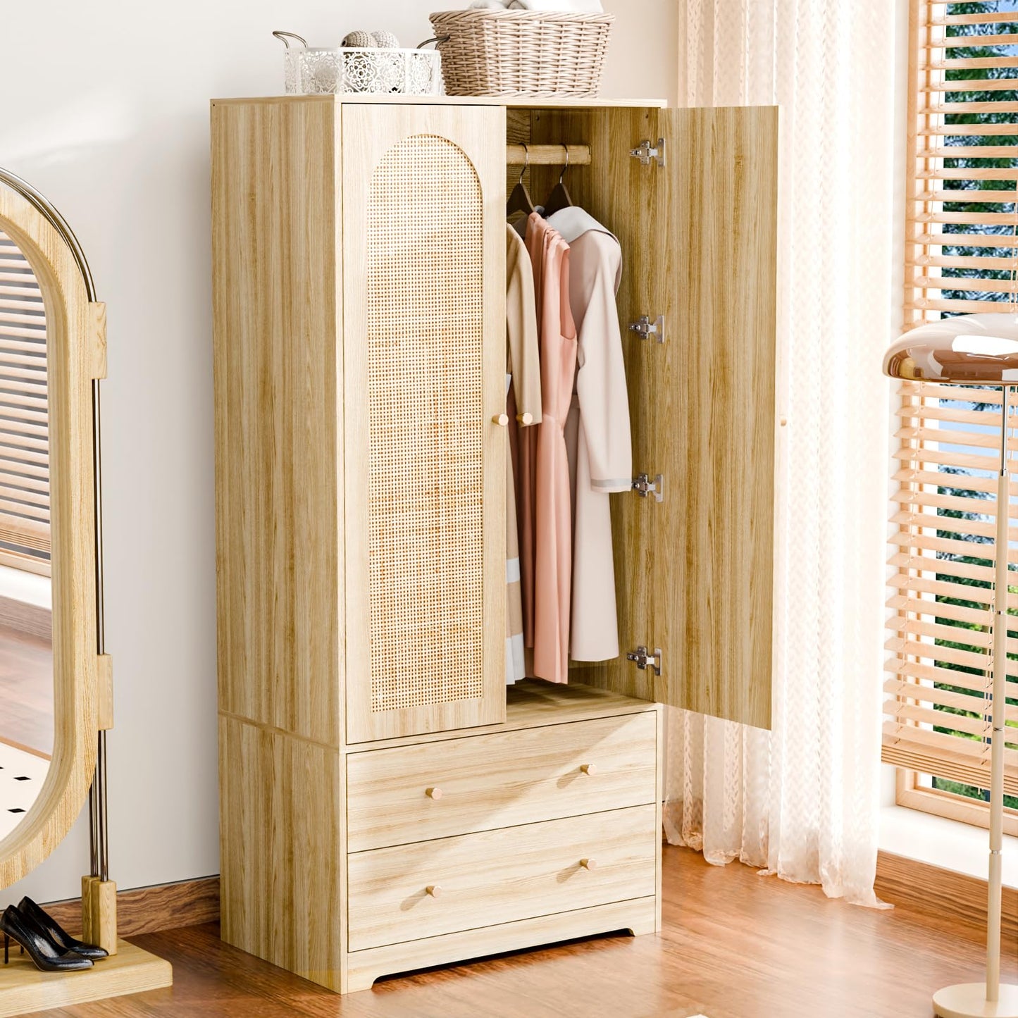 VINGLI Wardrobe Closet with Doors, Rattan Armoire Wardrobe Closet with Drawers & Hanging Rod, Wooden Armoire for Hanging Clothes, Natural Oak, 68.9" H