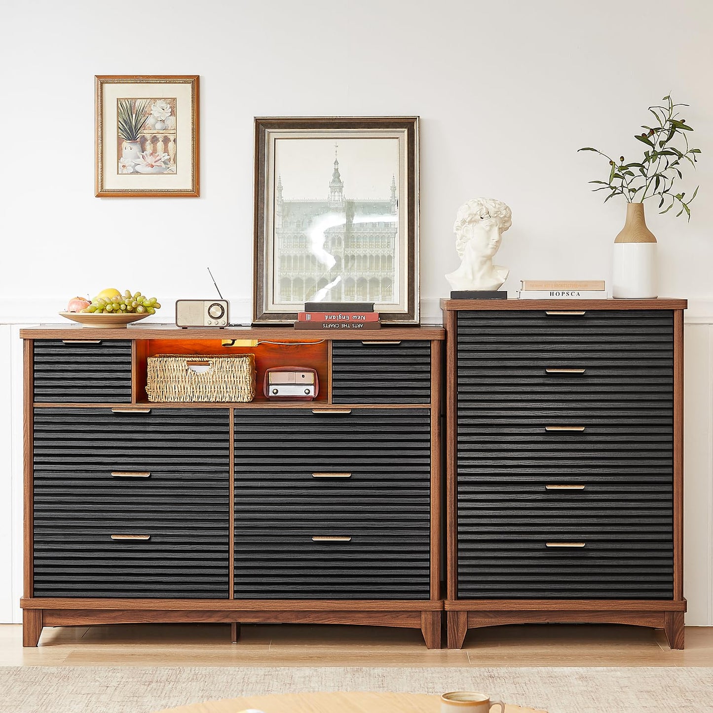 AOGLLATI Black Dresser for Bedroom with Slanted Louvre Design,Retro Chest of Drawers with Charging Station, Wooden Tall 5 Drawer Dresser for Bedroom,Living Room, Hallway, Black & Brown