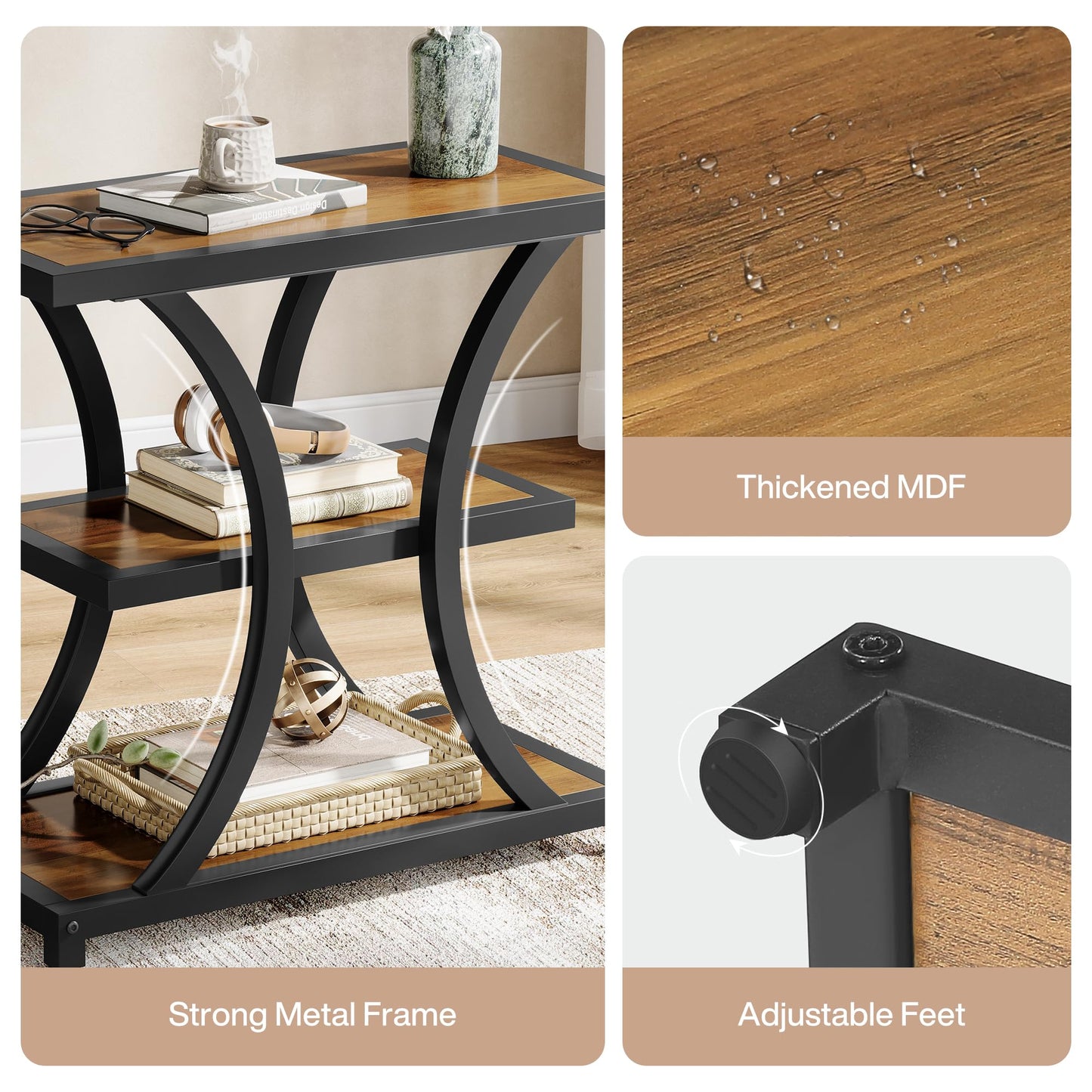 Tribesigns End Table with Storage, 3-Tier Side Table with Geometric Metal Design, Industrial Nightstand for Small Spaces, Living Room, Bedroom, Study Room (Rustic Brown)