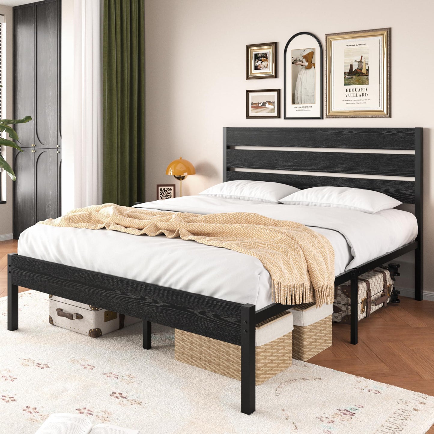 VECELO Queen Size Bed Frame with Wood Headboard and Footboard, 14 Inch Platform/No Box Spring Needed, Heavy Duty Support, Easy Assembly