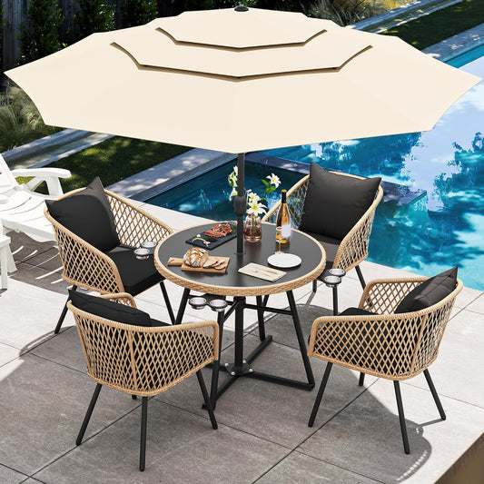 YITAHOME 6 Piece Patio Dining Set w/10ft Umbrella, 4-Person Outdoor Dining Set w/Tempered Glass Tabletop & 4 Dining Chairs, Outdoor Patio Dining Set for Deck Lawn Porch