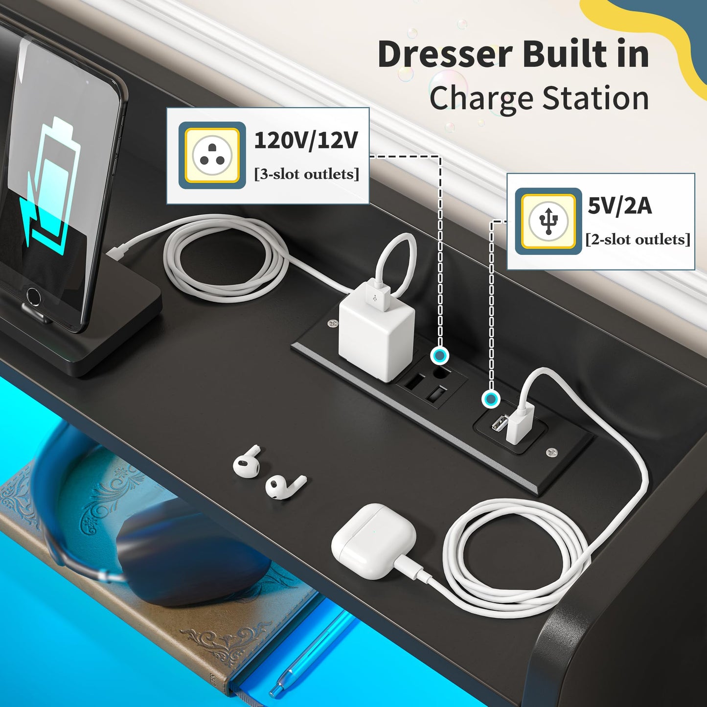 DurayLoly Modern Dresser for Bedroom with LED Light, 9 Drawer Black Dresser with Charging, Wooden Chest of Drawers, Large TV Stand for Bedroom