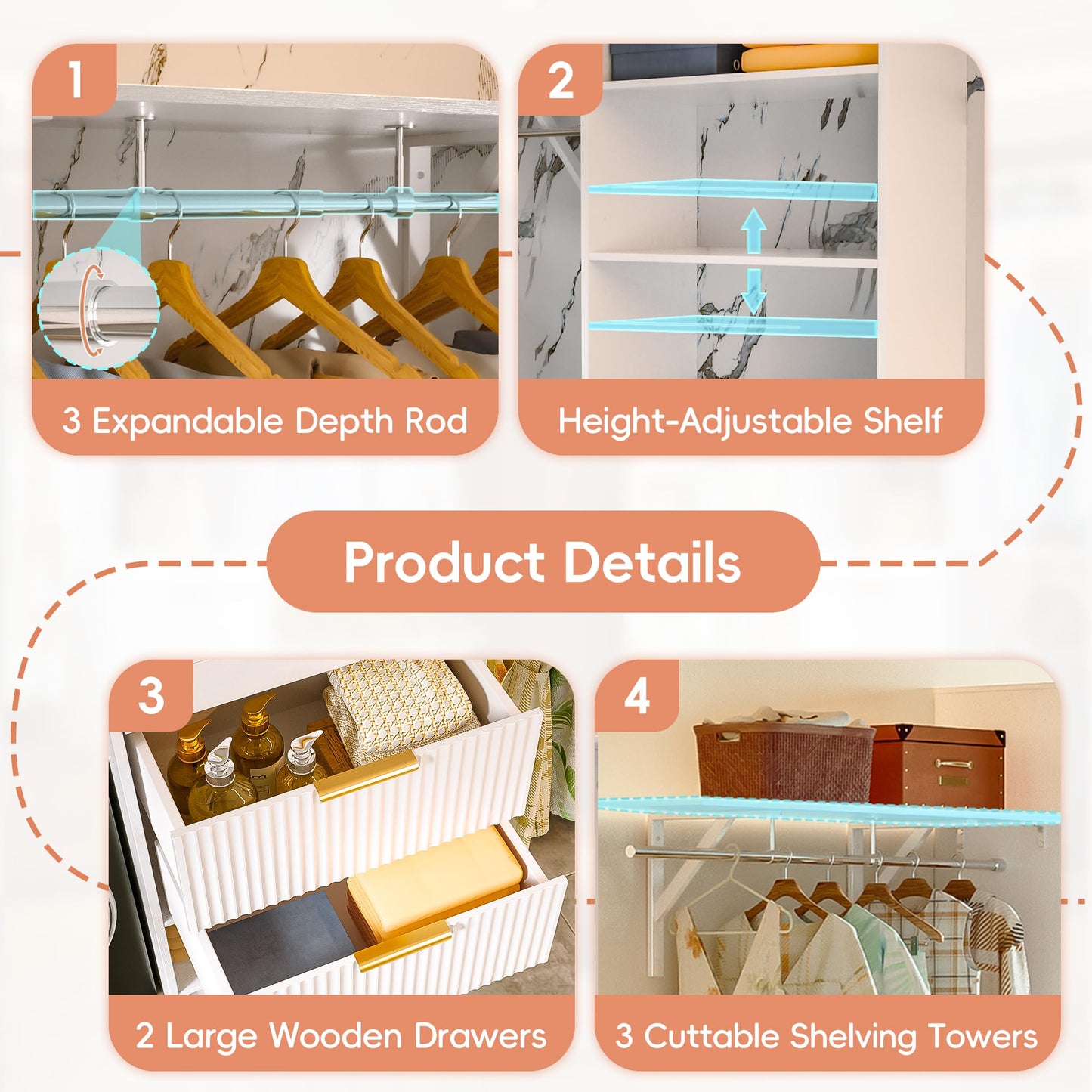 Closet System, 8FT Closet Organizer with 3 Wooden Drawers, Walk-in Closet Wardrobe Clothes Rack with 3 Expandable Hanging Rods, Garment Rack, White