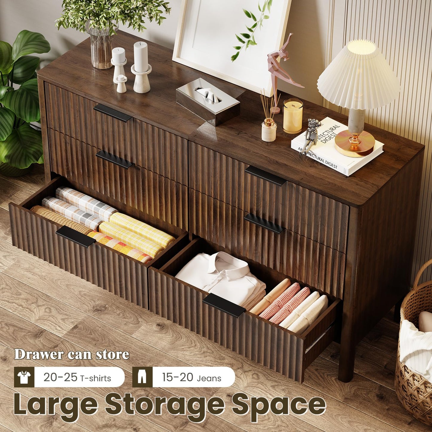 55" Wide Fluted 6 Drawer Dresser for Bedroom, Wooden Dresser Modern Chest of Drawers TV Stand Dressers with Organizer Storage for Bedroom, Living Room, Entryway, Walnut