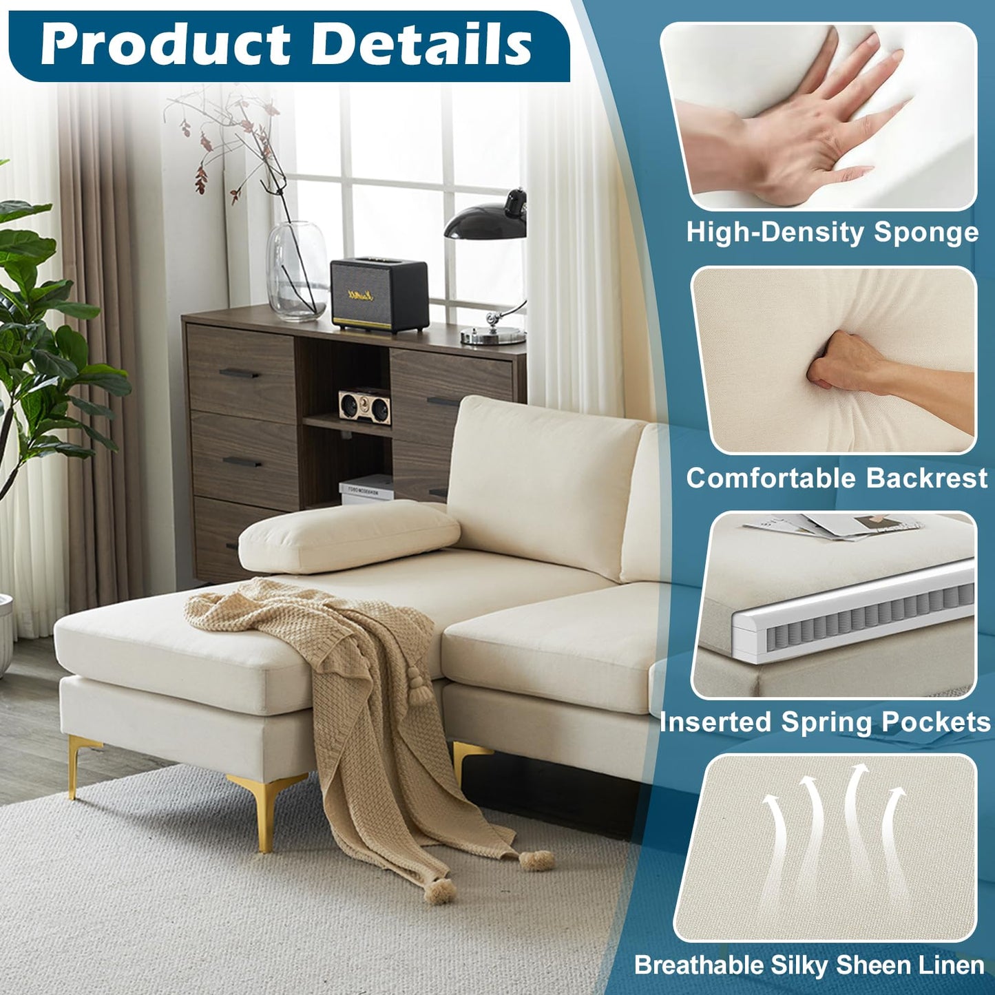 VINGLI 110" Modern U Shaped Sectional Couch with 51"D Double Chaise for Living Room, Beige Deep Seat Sectional Sofa Sets with 5.9" Thickness Seating Padding for Home Furniture,Linen Fabric,Metal Legs