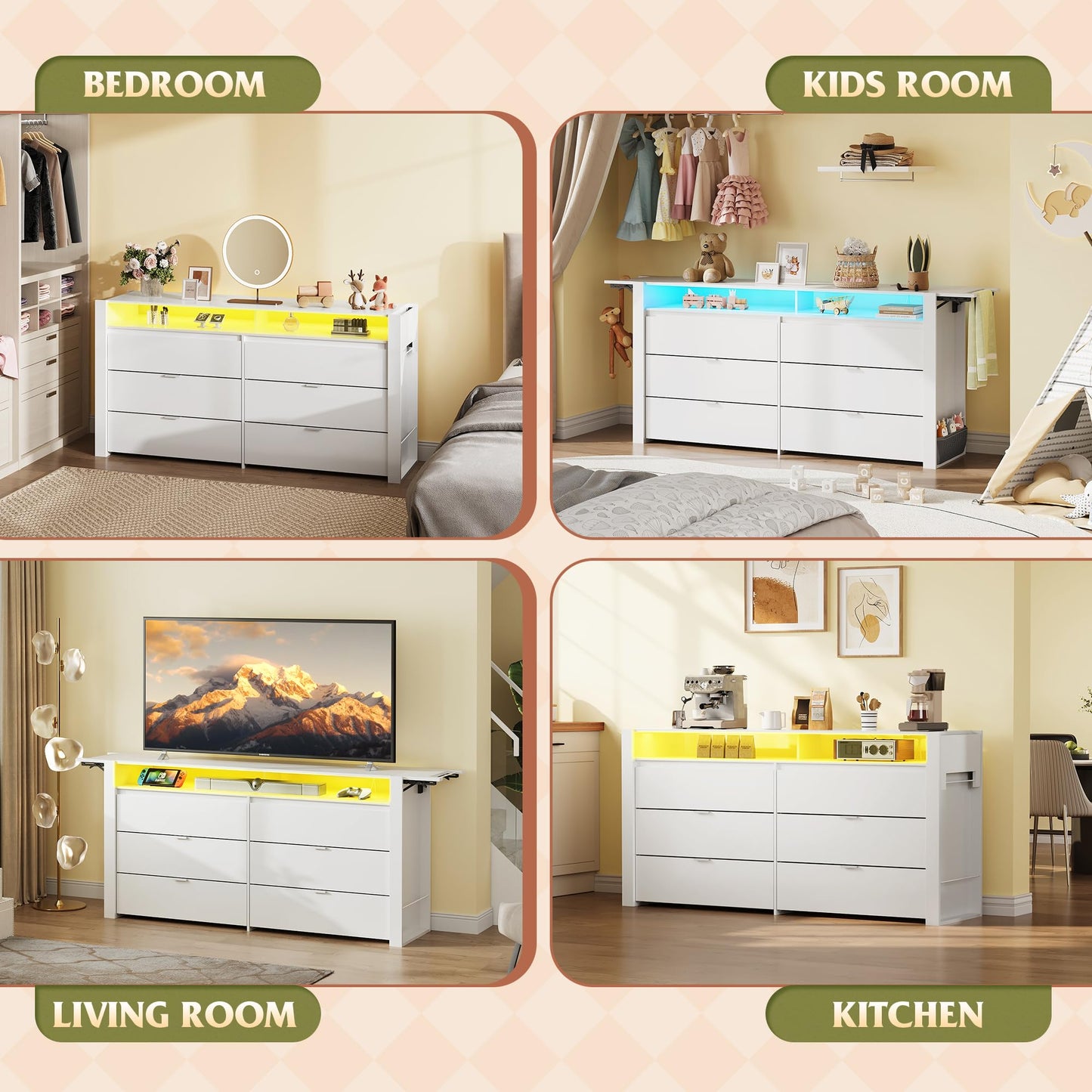 WLIVE 78 Inch Dresser for Bedroom, Large Chest of Drawers Expandable White Wood Dresser from 5'3" to 6'5'' with Flexible Shelves and Hanging Rack, Led Dressers for Living Room (85'' TV)