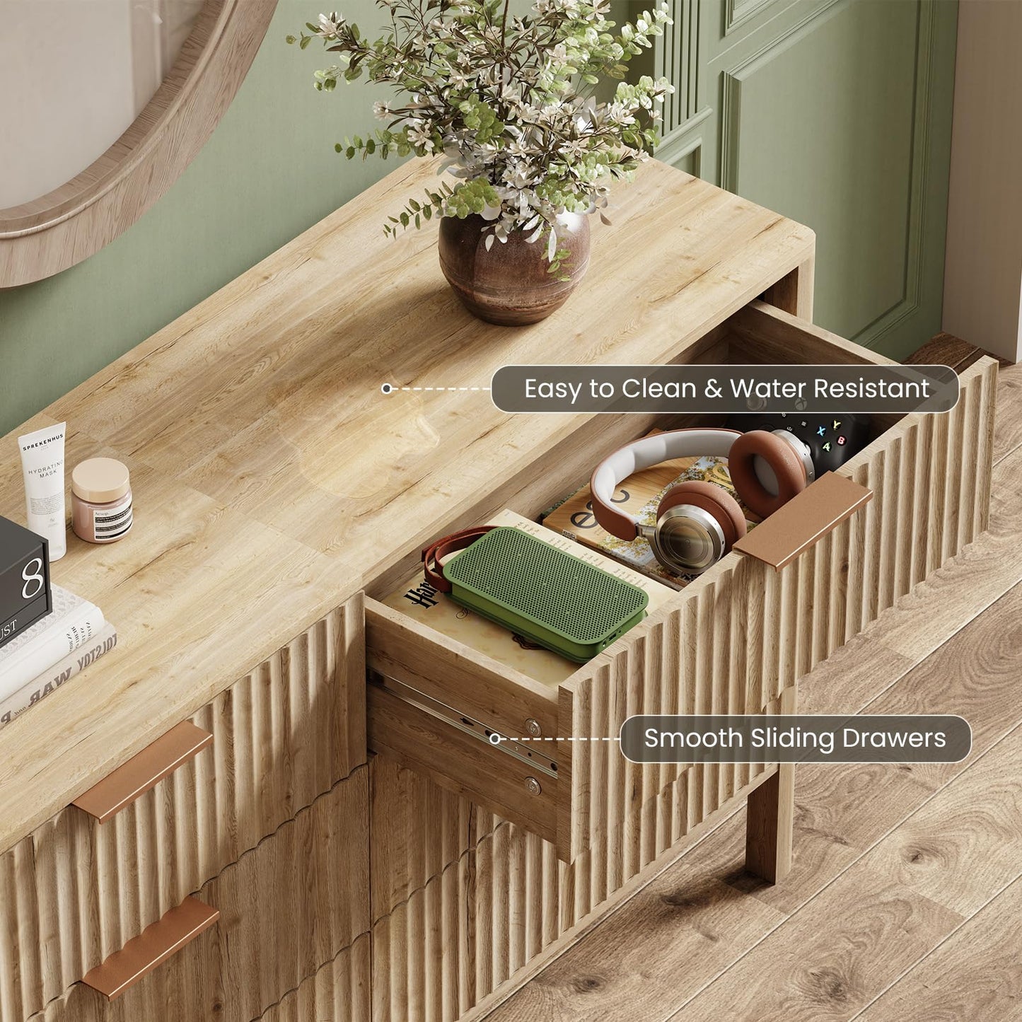 55" Wide Fluted 6 Drawer Dresser for Bedroom, Wooden Dresser Modern Chest of Drawers TV Stand Dressers with Organizer Storage for Bedroom, Living Room, Entryway, Oak