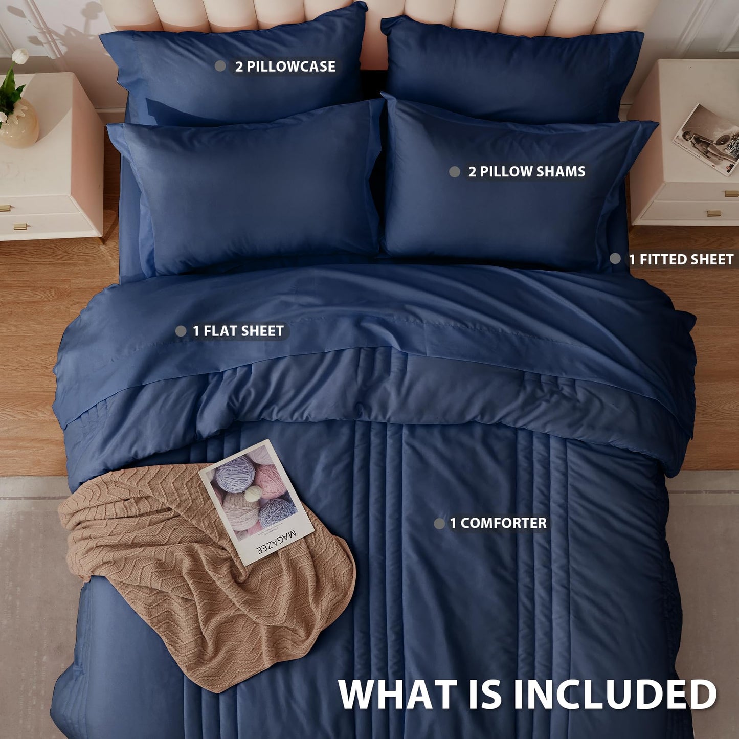 Velorose Queen Comforter Set Navy - Bed in a Bag Queen Size 7 Pieces, Soft Bedding Set for All Seasons, Premium Queen Comforter Set with Comforter, Sheets, Pillowcases & Shams