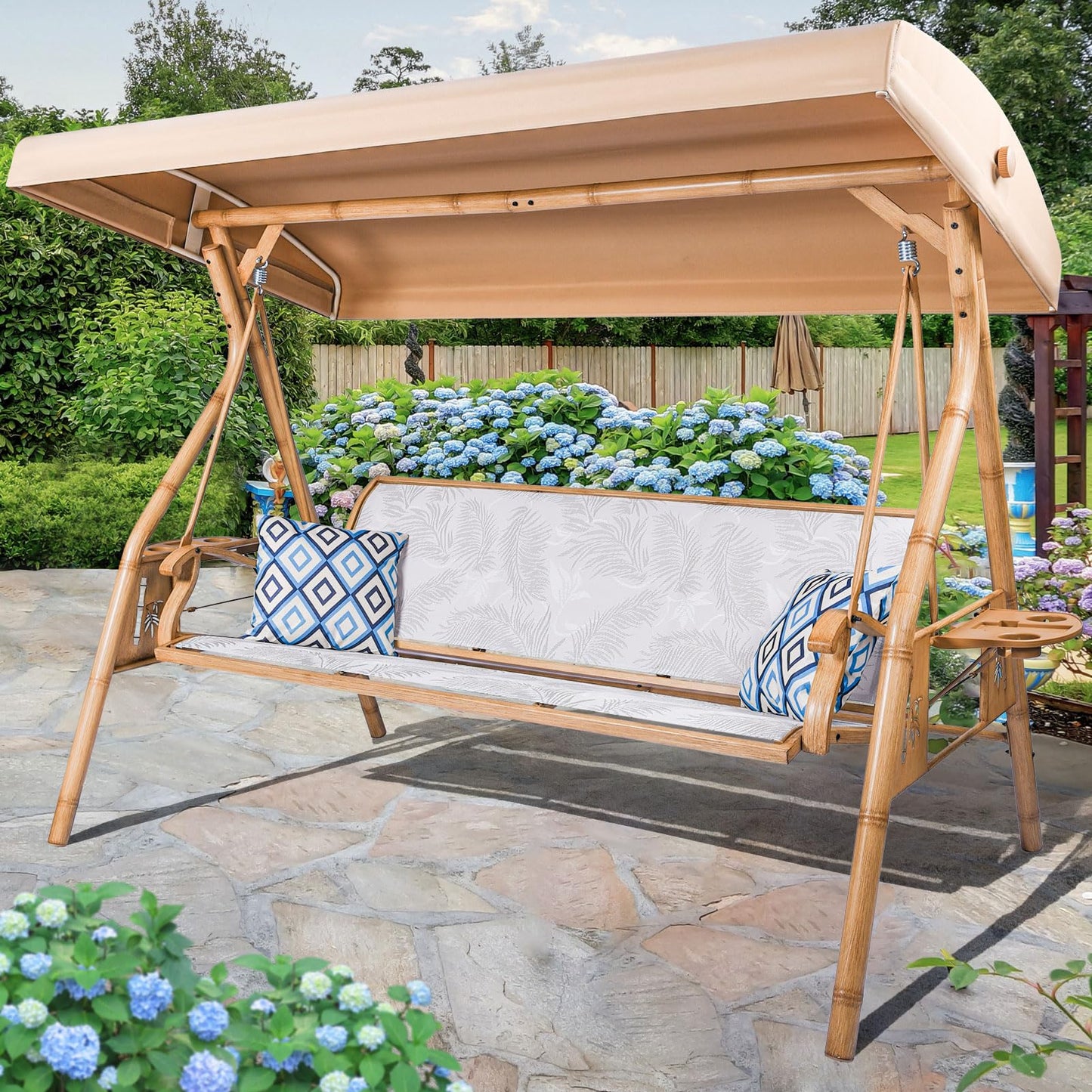 ZZW 3 Person Patio Swing Outdoor Swing for Adults with Adjustable Canopy &Upgraded Cup Holders Textilene Fabric Porch Swing Chair with Stand Heavy Duty 800 LBS