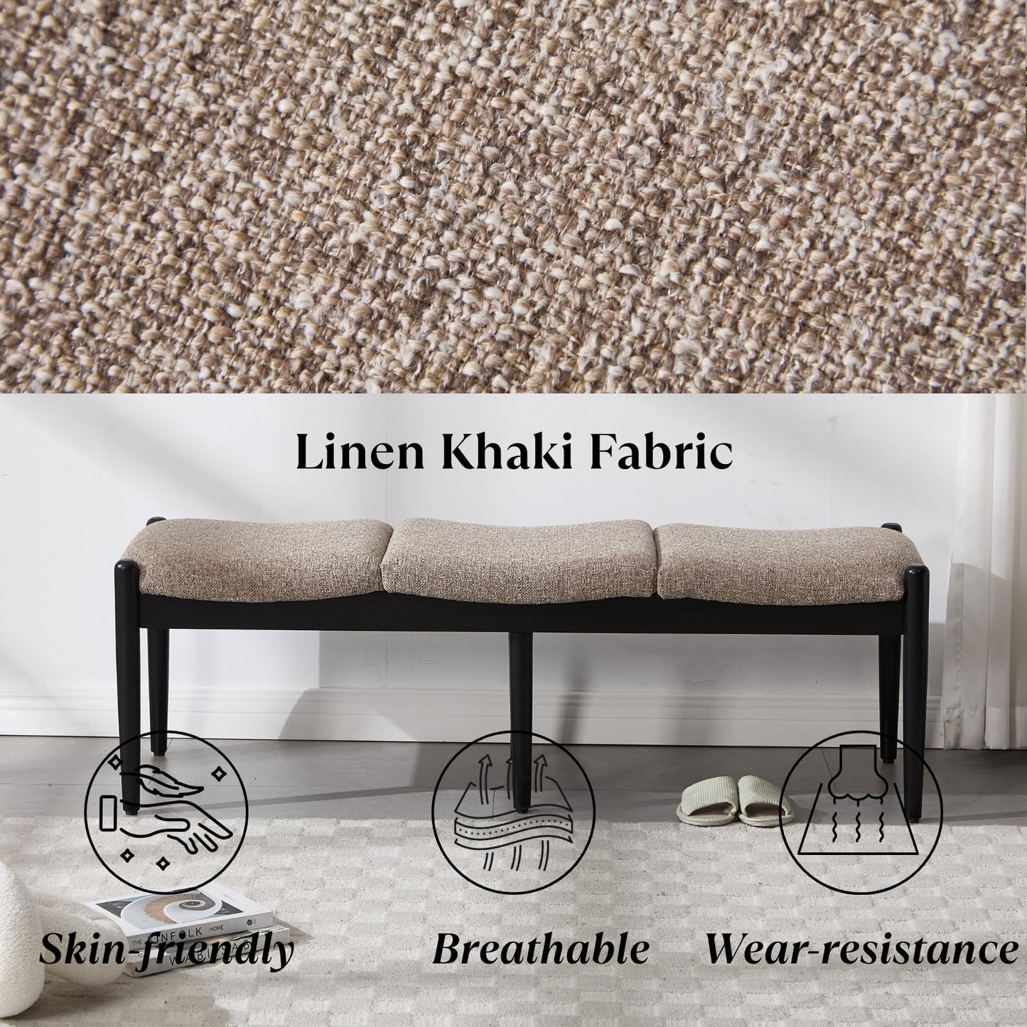 Ya-Home Modern Entryway Bench, Linen Upholstered Bedroom Bench End of Bed Bench, Window Bench with Padded Seat Black Wood Legs for Living Room/Dining Room, 54 Inches Long, Khaki