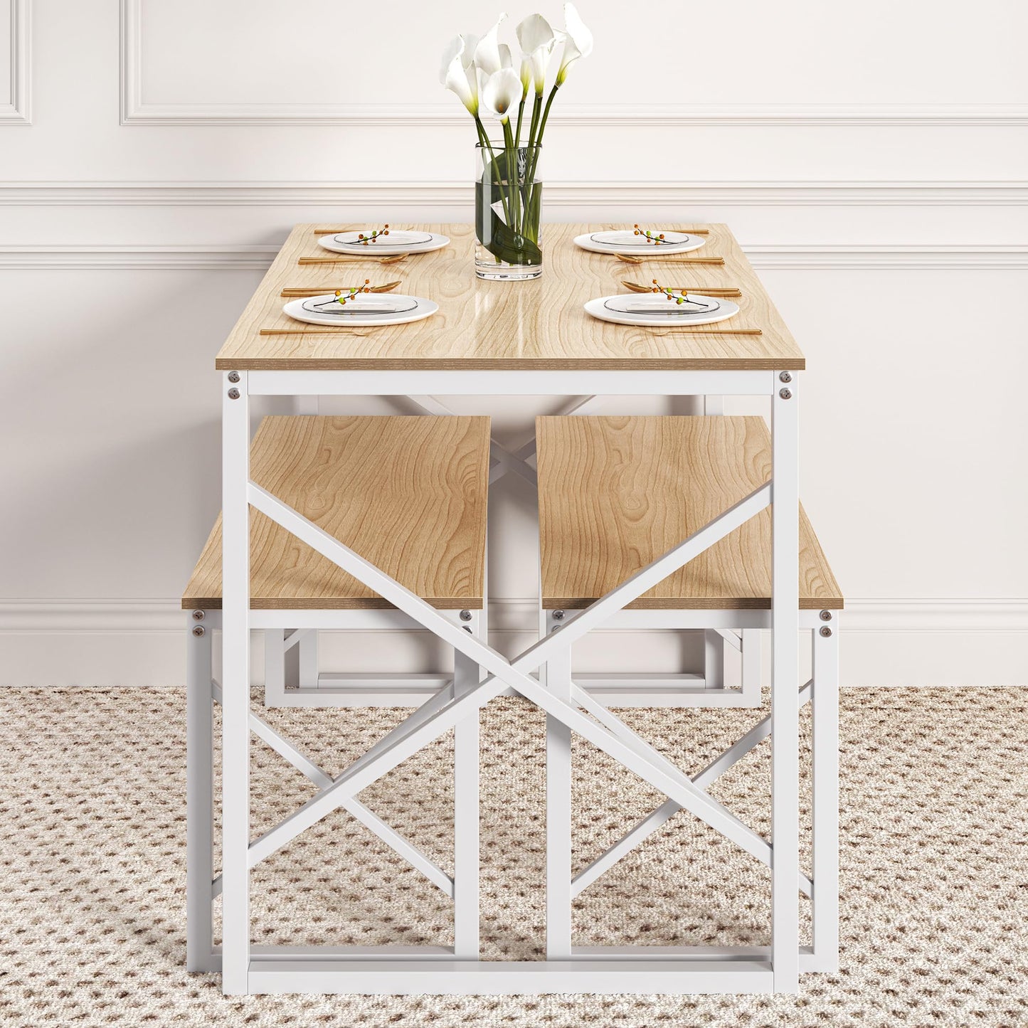 VECELO Kitchen Table with 2 Benches for 4, 43.3'' Wood Dining Room Dinette Sets with Metal Frame for Breakfast Nook and Small Space, Oak