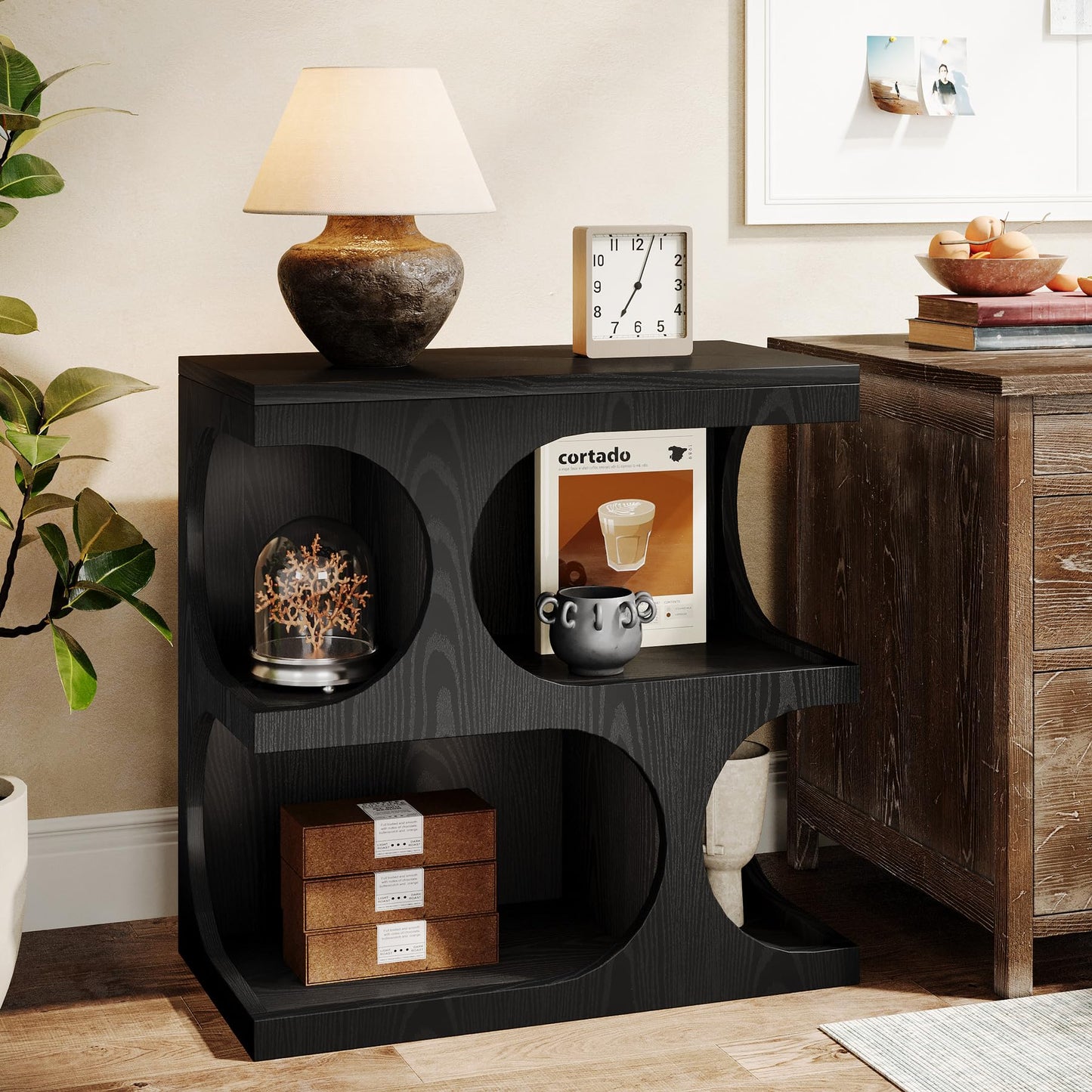 Tribesigns Black End Table for Living Room, Modern S-Shape Side Tables with 2-Tier Storage Shelf, Retro Bedside Nightstands for Bedroom, Easy Assembly