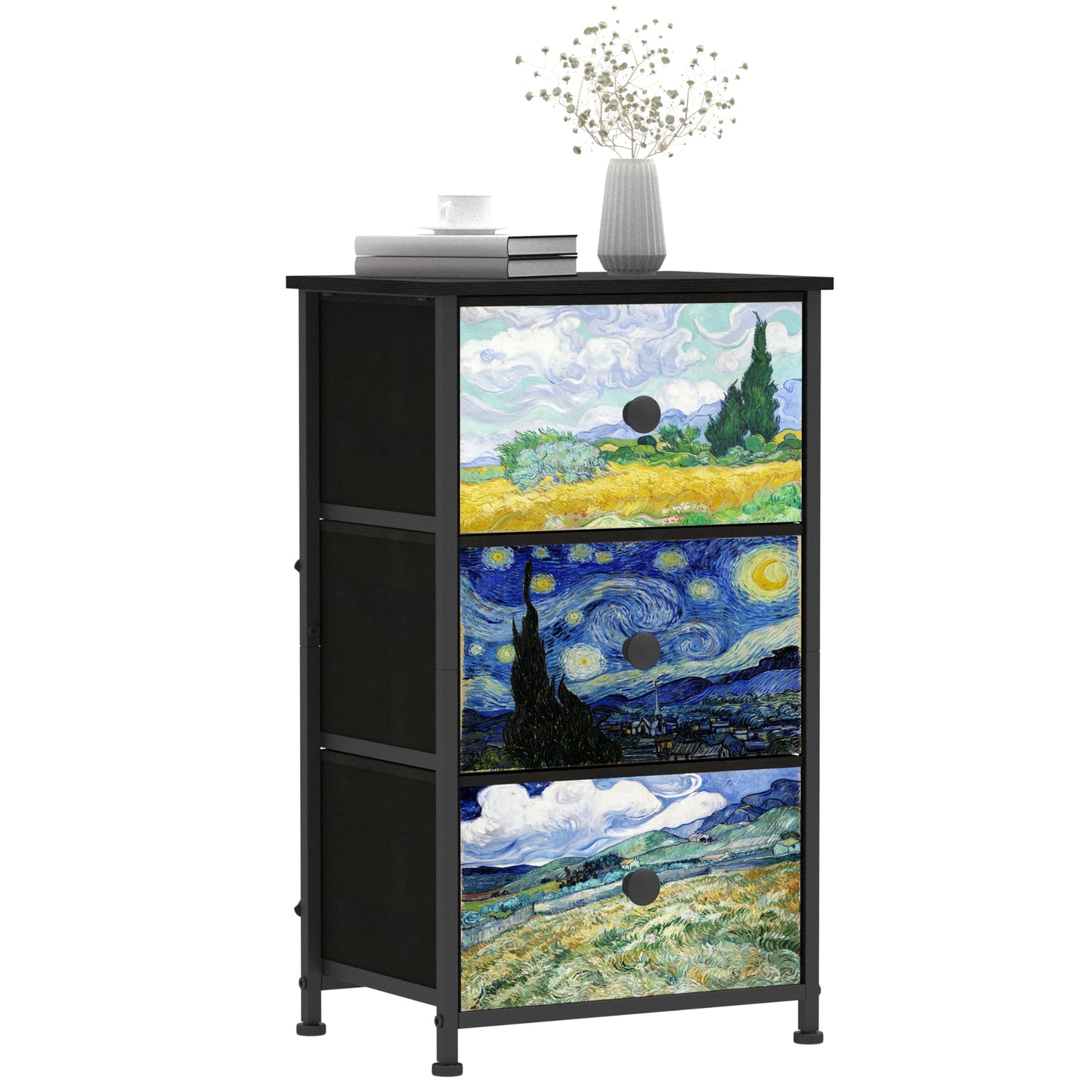 Welfuturer Dresser with 3 Drawers Van Gogh Drawer Dresser for Bedroom Narrow Nightstand Small Dressers & Chests of Drawers for Halfway Entryway Closets Living Room Sturdy Steel Frame Wood Top