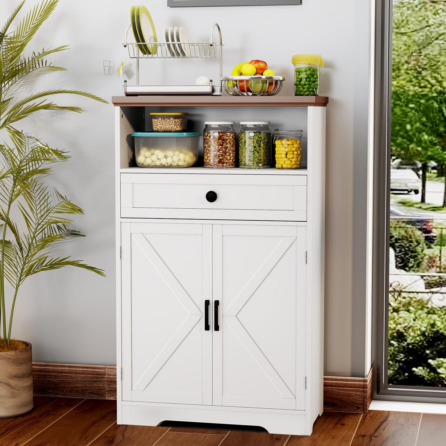 Viroformo White Floor Cabinet, Farmhouse Storage Cabinet with Barn Doors and Drawer, Freestanding Adjustable Shelf Cabinets for Bathroom, Kitchen, Living Room