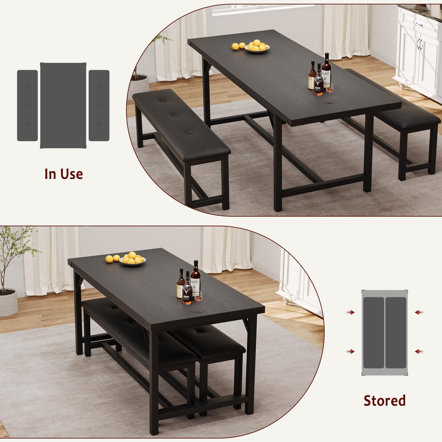 CABIHOME Dining Table Set for 4-6, 63" Extendable Dining Room Table Set With 2 Upholstered Benches, 3 Piece Large Rectangle Kitchen Table Set With Metal Frame for Apartment, Saving Space, Rustic Black