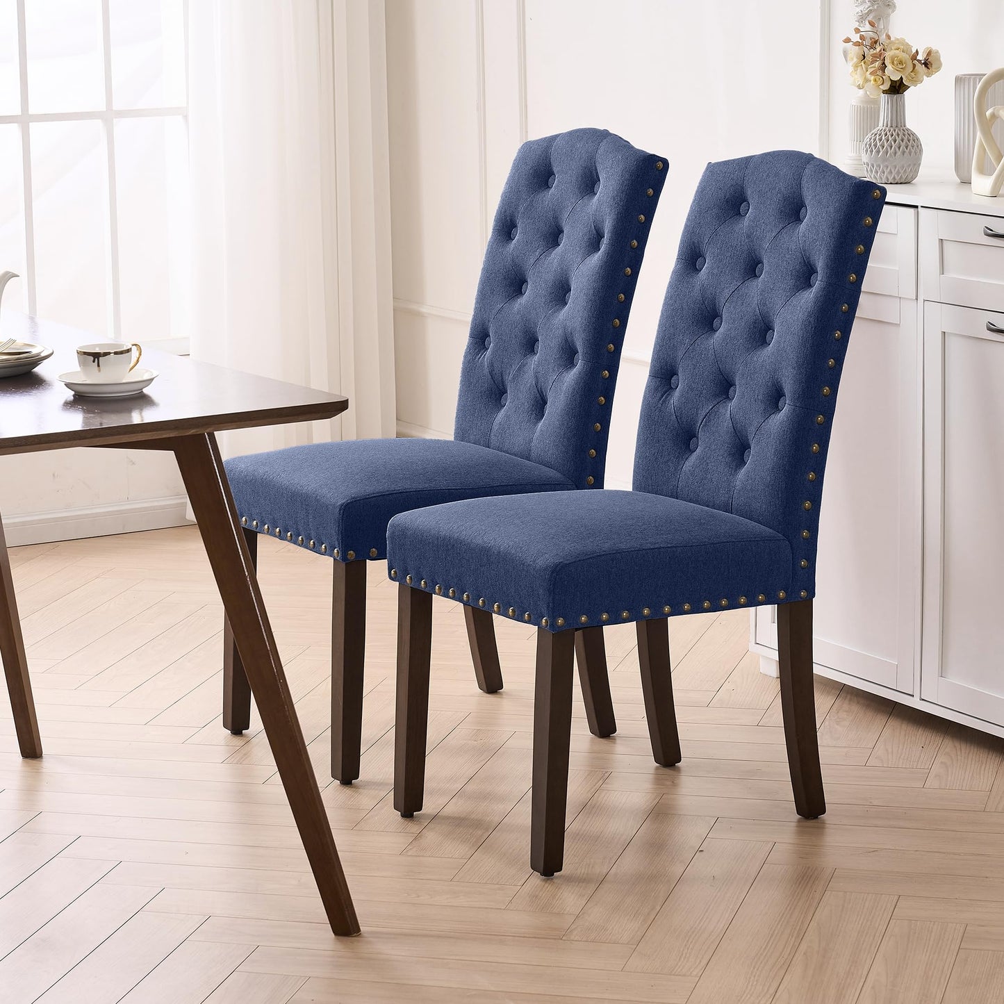 VKNOW Button Tufted Dining Chairs Set of 4, High Back Dining Room Chairs with Wood Legs, Upholstered Fabric Side Kitchen Chairs for Kitchen Dining Room, Navy Blue