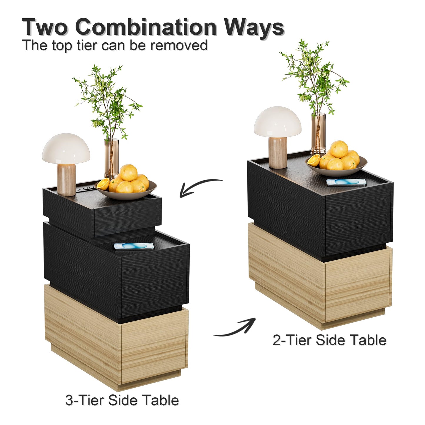 UEV End Table with Charging Station,Narrow Side Table for Living Room,Nightstand with Drawers and Storage,Sofa Side Table with USB Ports and Power Outlets for Living Room and Bedroom,Black and Brown