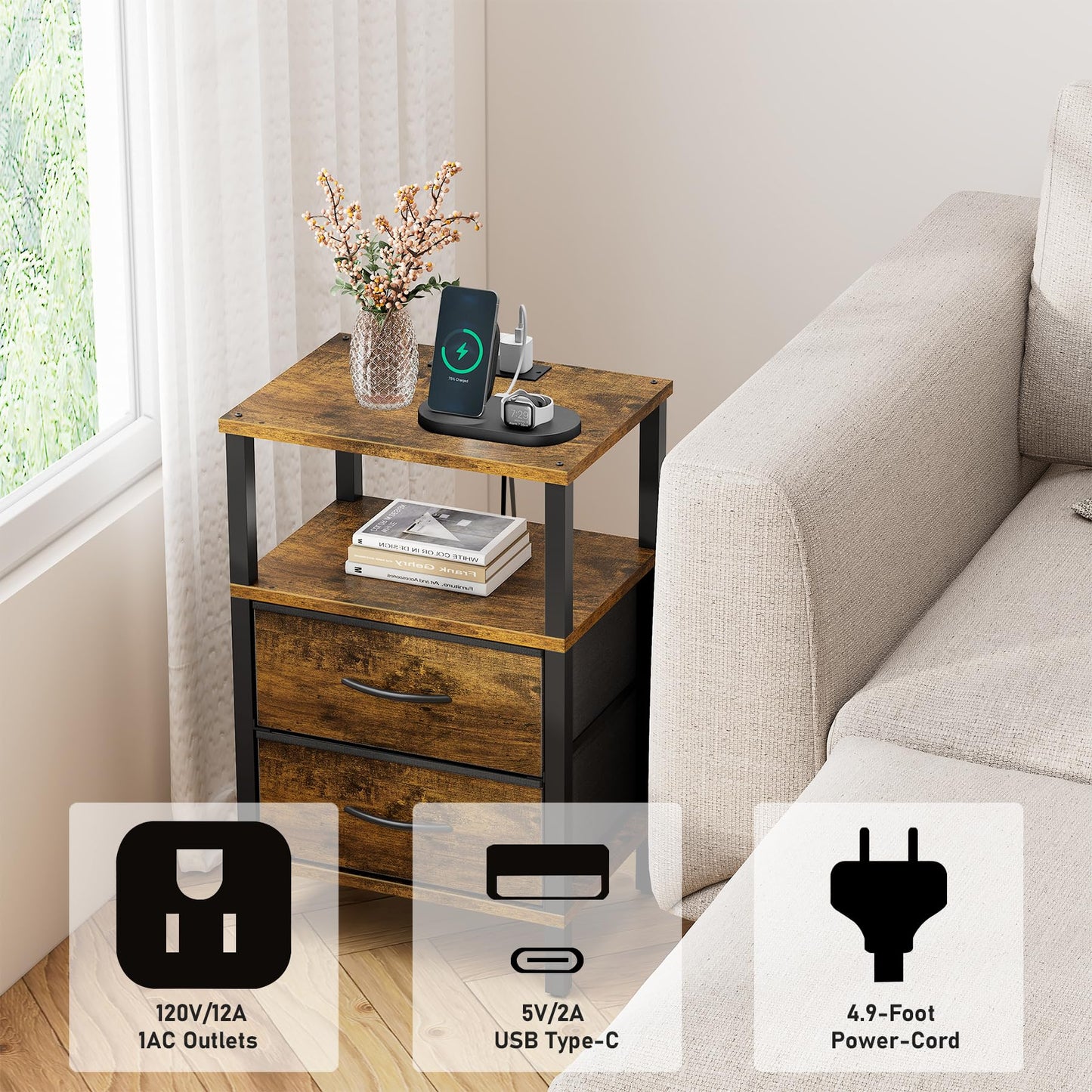 TUTOTAK End Table with Charging Station, Side Table with 2 USB Ports and Outlets, Nightstand with Cloth Drawer, Set of 2, Couch Table, Brown TB01BB067