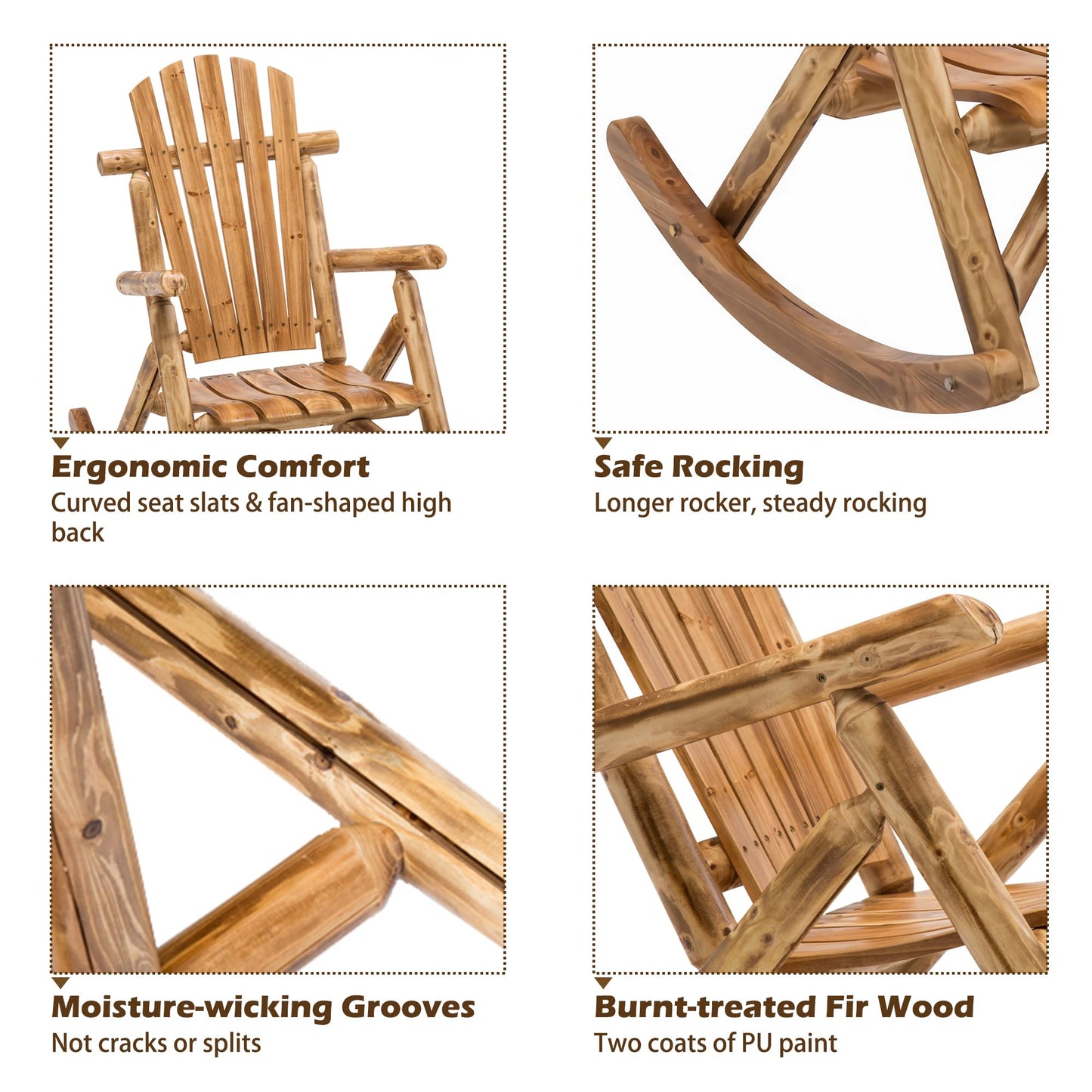 Wooden Rocking Chair Log Outdoor Rocker Outside Patio Lawn Furniture Living Room Porch Comfy Beach Balcony, Heavy Duty, Lightly Toasted