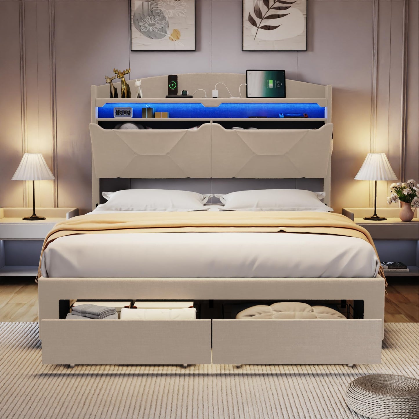 VINTLJUS Queen Size Bed Frame with Storage Headboard, Queen Bed Frame with 2 Drawers, Upholstered Platform Bed with Charging Station and LED Lights, Easy Assembly, Beige