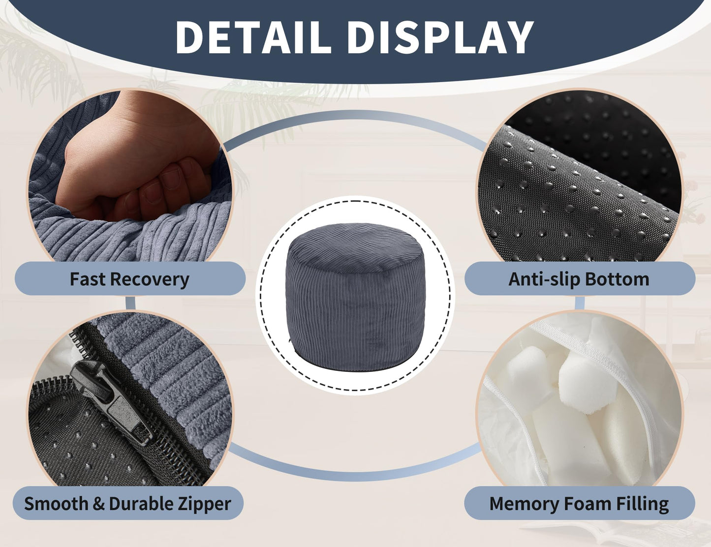 WSOFRLAC Pouf Ottoman Foot Stools Ottoman with Foam Small Corduroy Ottomans for Living Room Ottomans Pouf 20x15 Floor Poufs Foot Rest for Office Chair Dark Grey Foot Stool Small