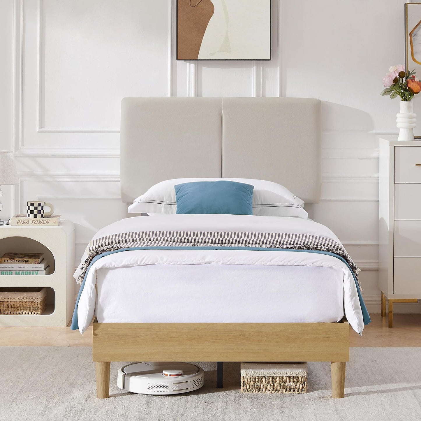 VECELO Twin Frame Upholstered Platform Height-Adjustable Cotton and Linen Headboard, Heavy Duty Wood Slats, 6" Under-Bed Space Noise-Free, No Box Spring Needed,Easy Assembly, Beige