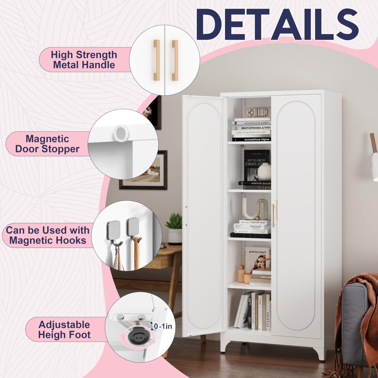 UNICOLY 75" Metal Pantry Cabinet, Storage Cabinet with Doors and Shelves, Cupboard with Adjustable Leveling Foot, for Laundry, Living Room, Dinning Room, Assembly Required, White