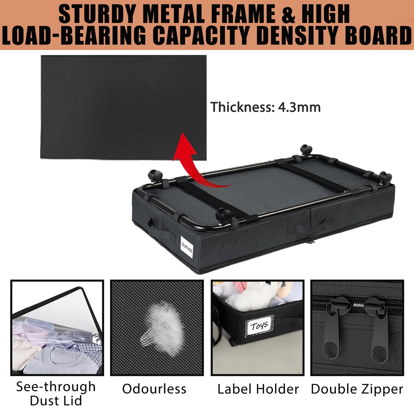 2 Pack Under Bed Storage Rolling Metal Frame Underbed Containers with Wheels Lid Visiable Window Storage Bag Box Organizer Home Closet Organization Drawer Bins for Clothes Shoes Toys Blanketss Black