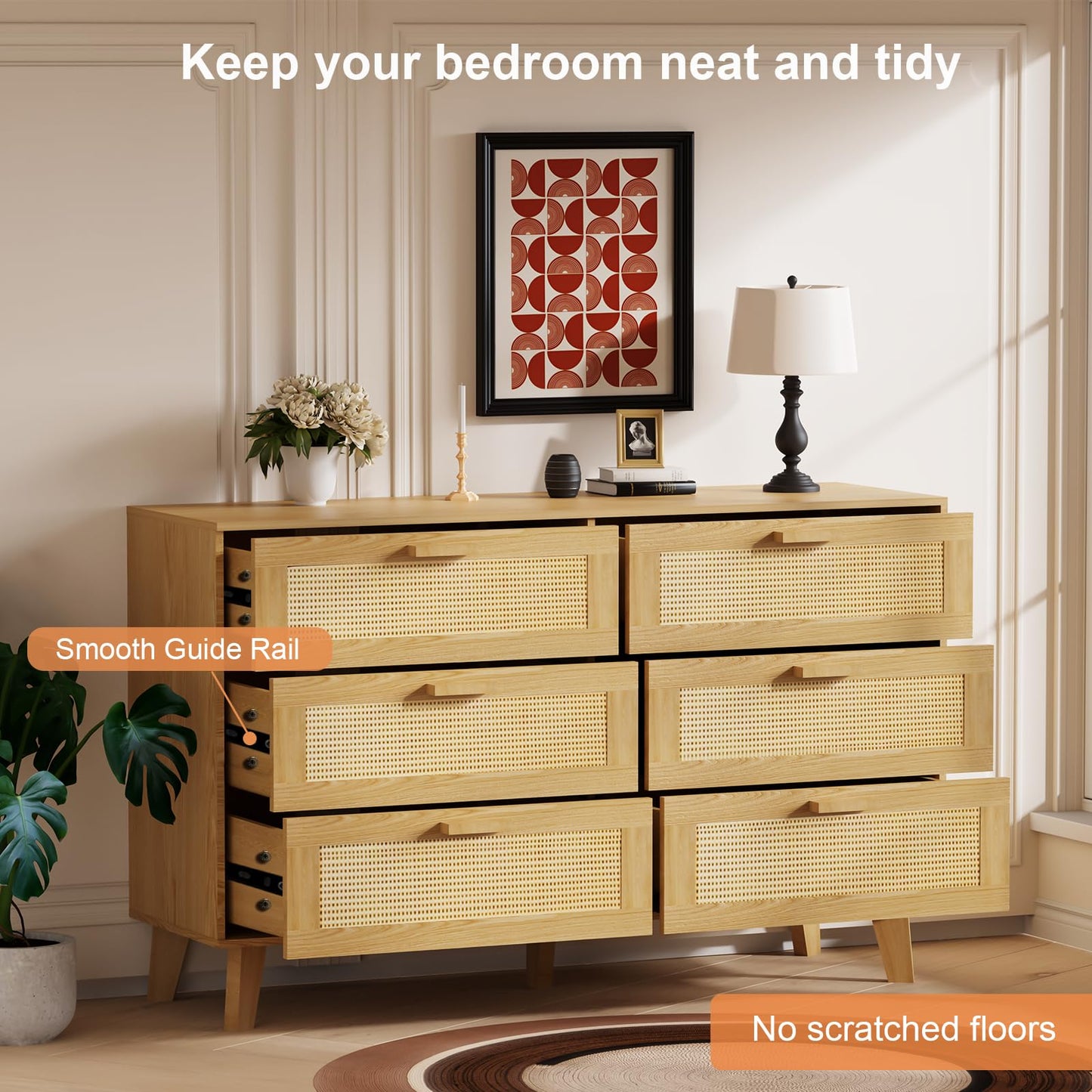 XDliv Wide Rattan Dresser, 6 Drawer Dressers Bedroom Furniture Large Storage Tower Unit, Wood Chest of Drawers for Bedroom, Closet,Hallway