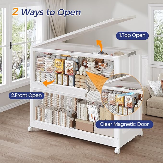 90GAL Plastic Storage Bins with Lid, 360QT Extra Large Stackable Closet Organizers and Storage, Collapsible Storage Boxes with Wheels, Folding Cabinet for Home Kitchen Office, 3Pack White