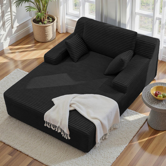 51'' Oversized Chaise Lounge Chair Indoor, Non-Assembly Deep Seat Sofa Bed Corduroy Sleeper Cloud Couch with 2pcs Pillows for Reading Living Room-Black